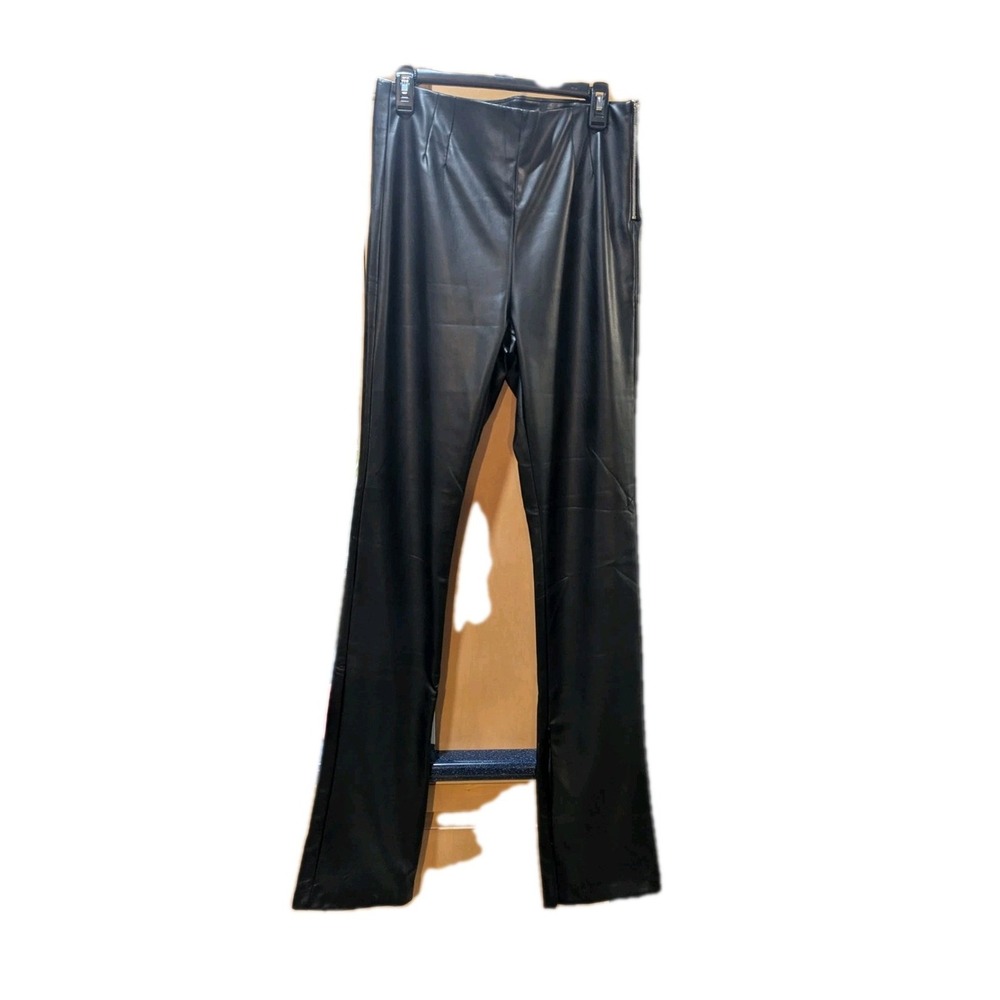 ZARA Full Length Faux Leather Black Pants Size XL. Side Zipper And Zipper Bottom